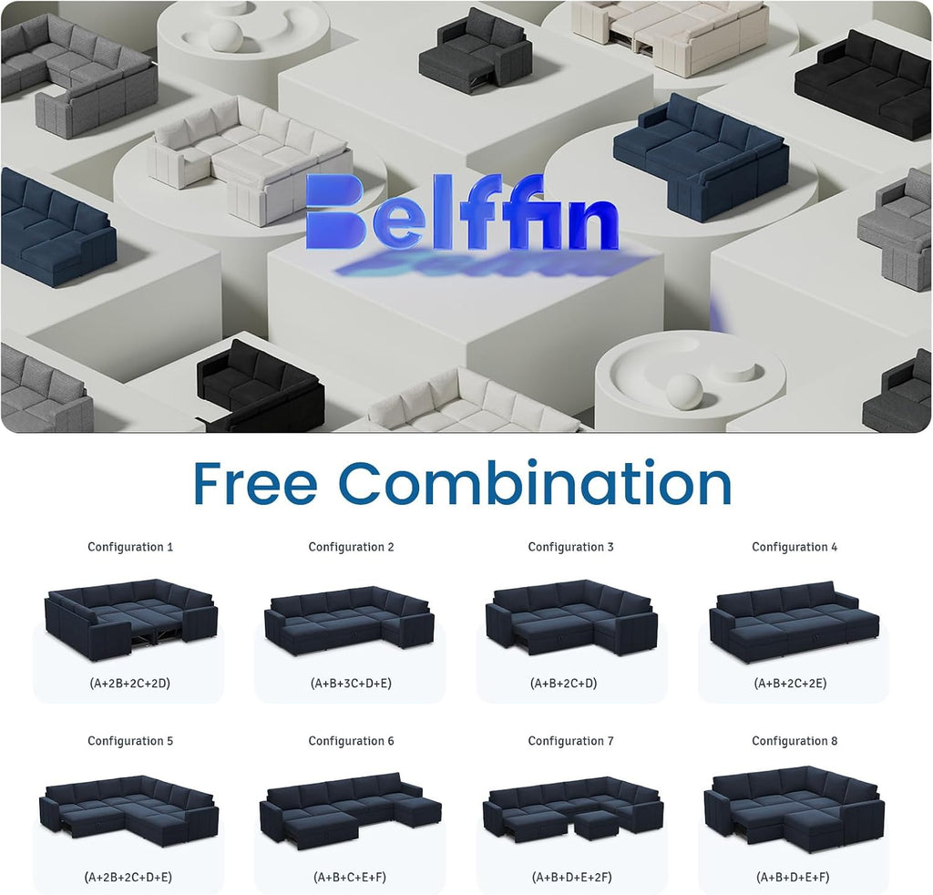 Belffin Modular Sectional Sofa with Sleeper Sofa Couch Pullout Bed, 133' L Shaped Sleeper Sectional Couch with Storage Seat for Living Room, Blue