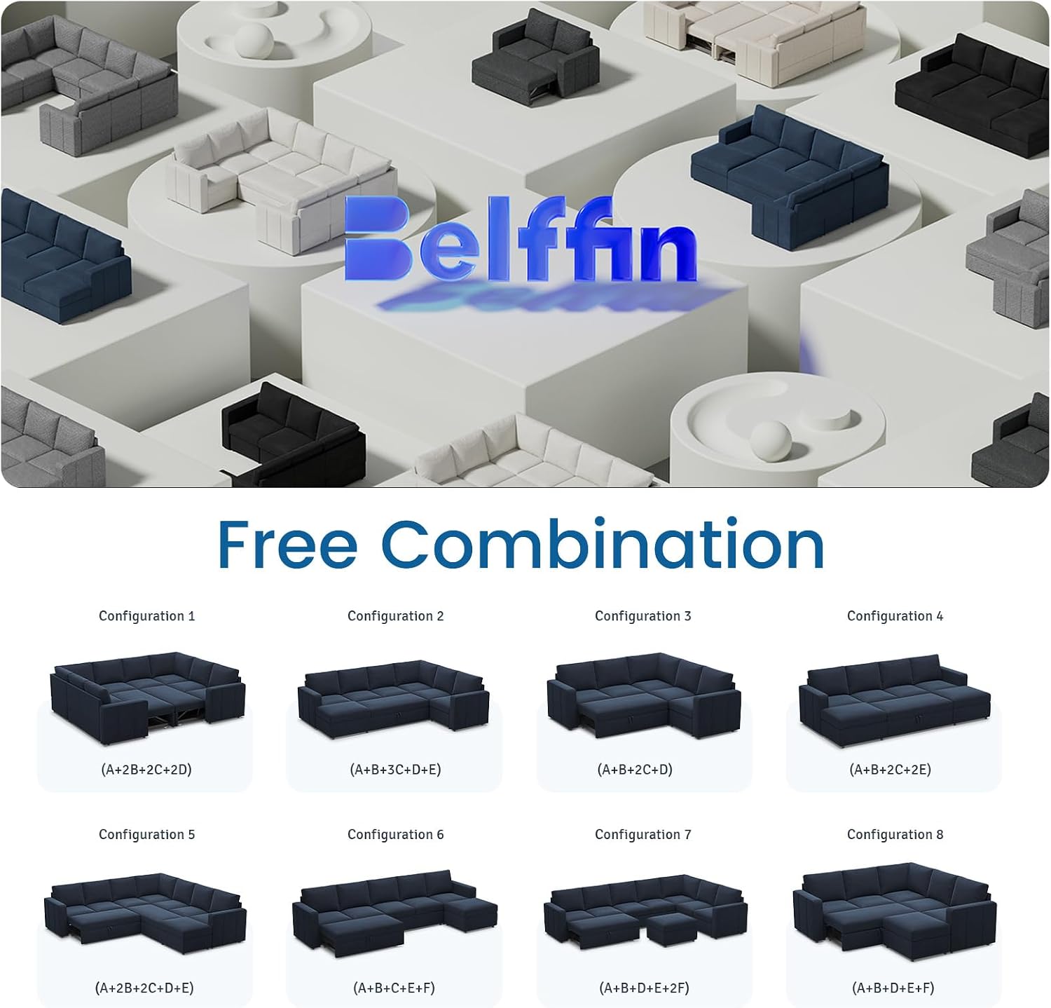 Belffin Modular Sectional Sofa with Sleeper Sofa Couch Pullout Bed, Oversized U Shaped Sleeper Sectional Couch with Reversible Storage Seat for Living Room, Blue