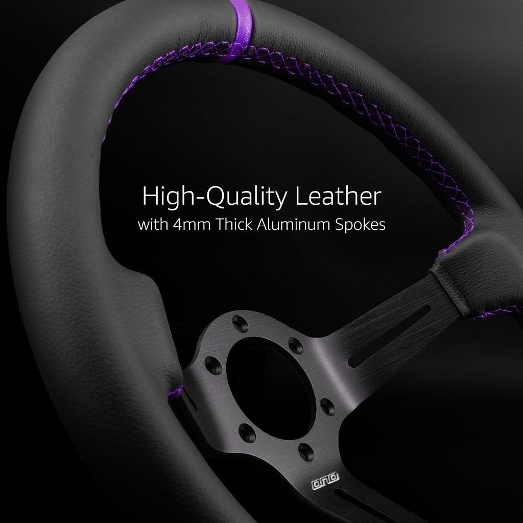 DND Performance Interior's Leather Race Steering Wheel / 350mm Diameter and 75mm Depth / 6x70mm Bolt Pattern/DND Leather Steering Wheel with Horn Button Included (Colored Stitching) (Purple)