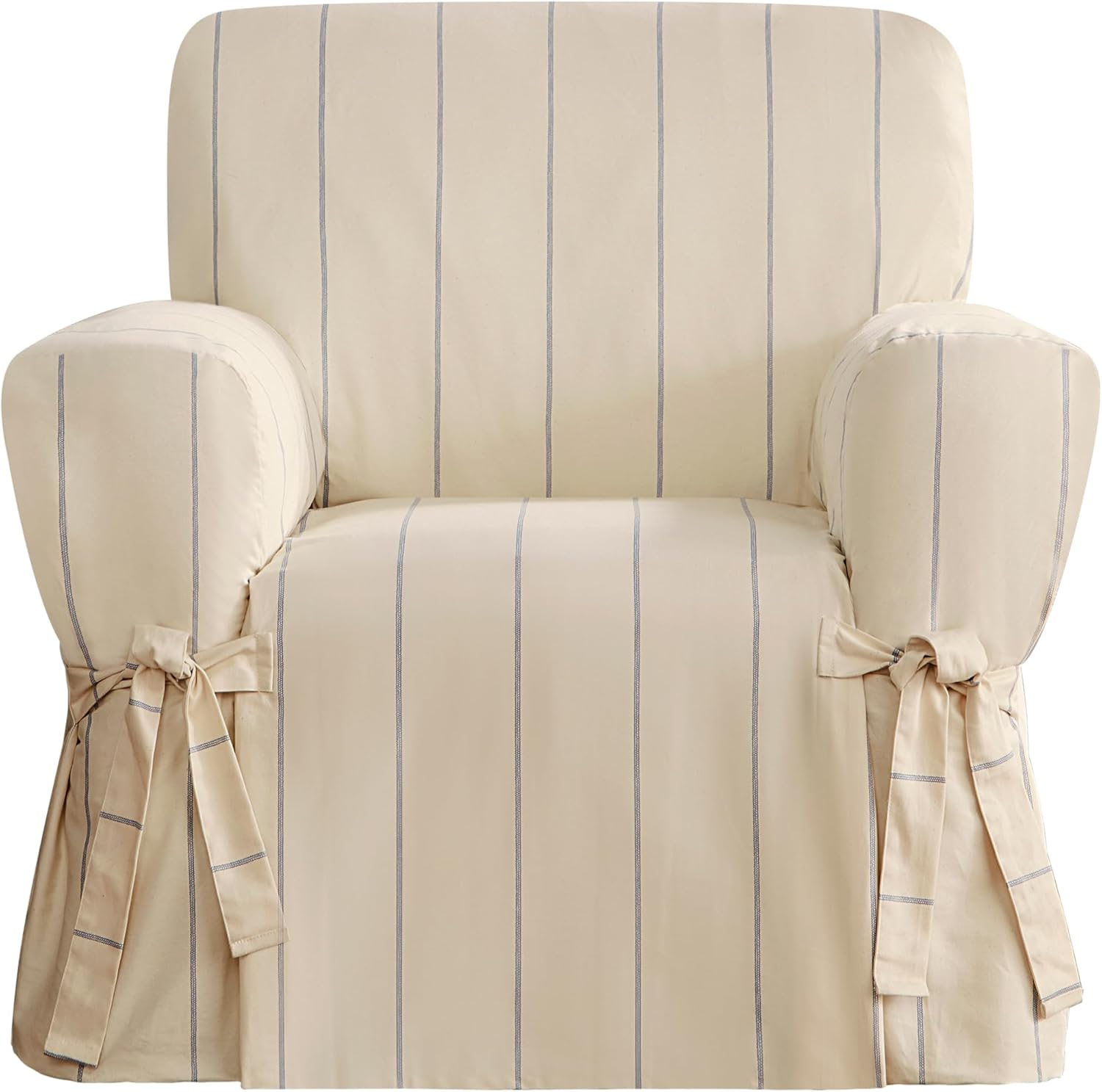 SureFit Heavyweight Cotton Duck Chair Slipcovers, Printed Heavyweight Cotton Chair Cover, One Piece Design, Armchair Cover with Seat Elastic and Adjustable Corner Ties, Natural with Blue Stripe