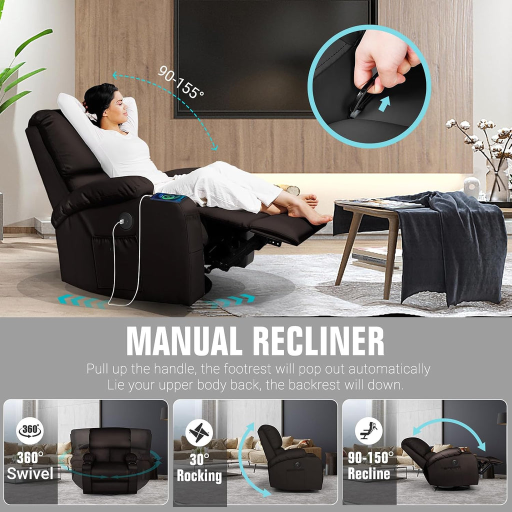 LEVELEVE Rocking Recliner Chair, Massage Rocker Recliner Chair with Vibration Massage and Heat, USB and Type-C Ports,360° Swivel Faux Leather Chairs, Living Room, Bedroom, Nursery, RV, Brown