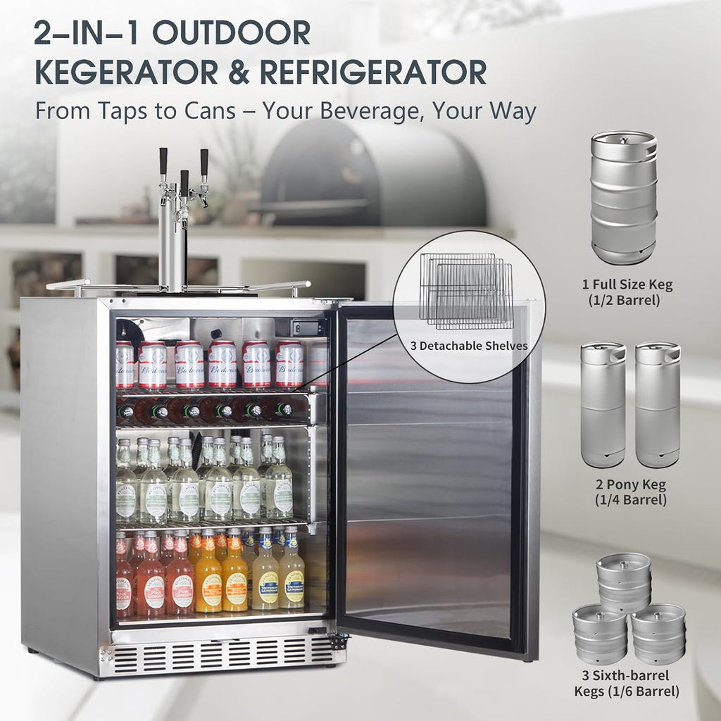 HCK Kegerator, 24 Inch Outdoor Kegerator for Patio with 3 Taps, Full Size Beer Dispenser and Beverage Refrigerator with Auto Defrost & Reversible Stainless Steel Door, Ideal for Home Bars
