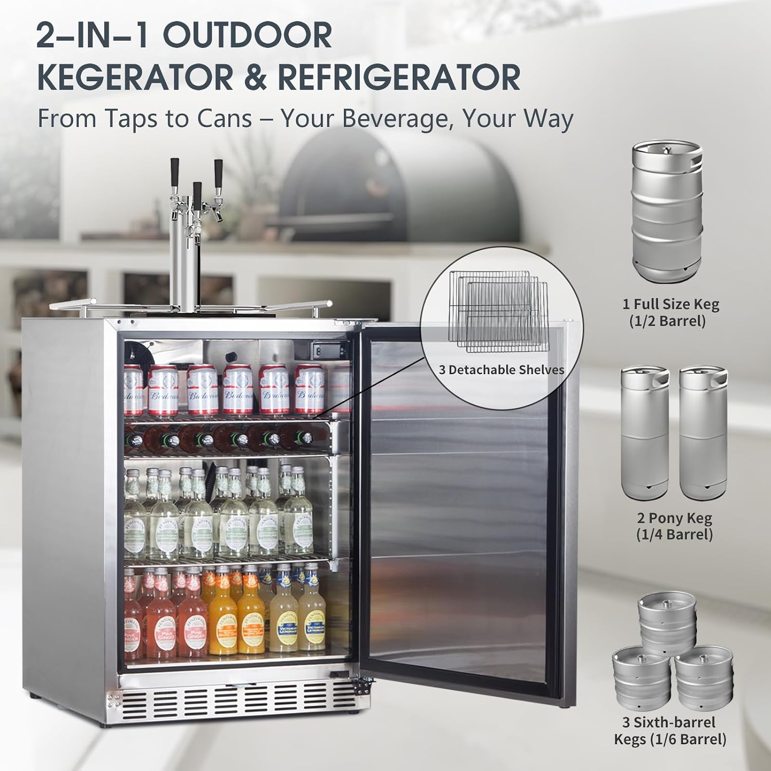 HCK Kegerator, 24 Inch Outdoor Kegerator for Patio with 3 Taps, Full Size Beer Dispenser and Beverage Refrigerator with Auto Defrost & Reversible Stainless Steel Door, Ideal for Home Bars