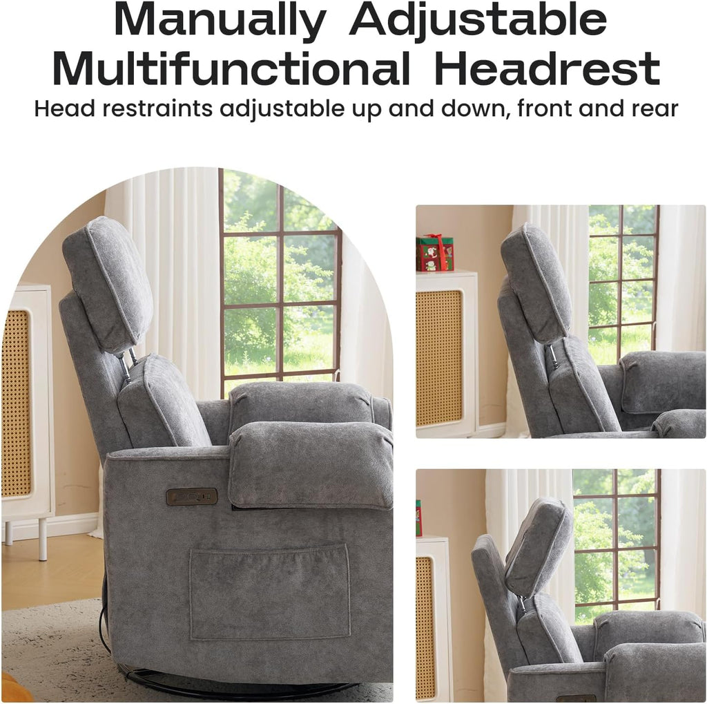 Chenille Rocking Chair Nursery with Adjustable Headrest, 24' Extra Wide Swivel Rocker Recliner with Overstuffed Armrest, Oversized Power Rocker Recliner with USB Ports, Grey