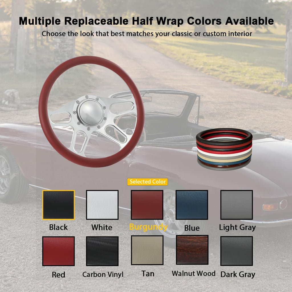 14'' Billet 4-slot Half Wrap 9 Bolts Steering Wheel with 2'' Dish and Horn Button Compatible with Chevy, Ford, GM (Burgundy)