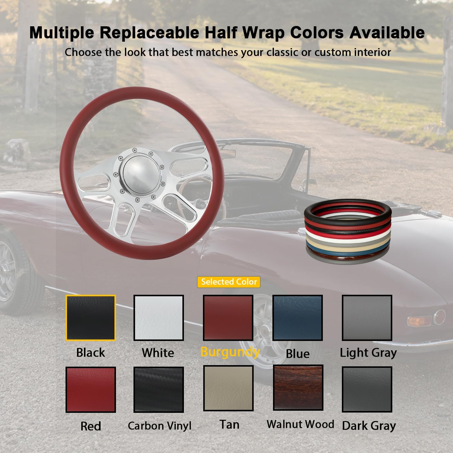 14'' Billet 4-slot Half Wrap 9 Bolts Steering Wheel with 2'' Dish and Horn Button Compatible with Chevy, Ford, GM (Burgundy)