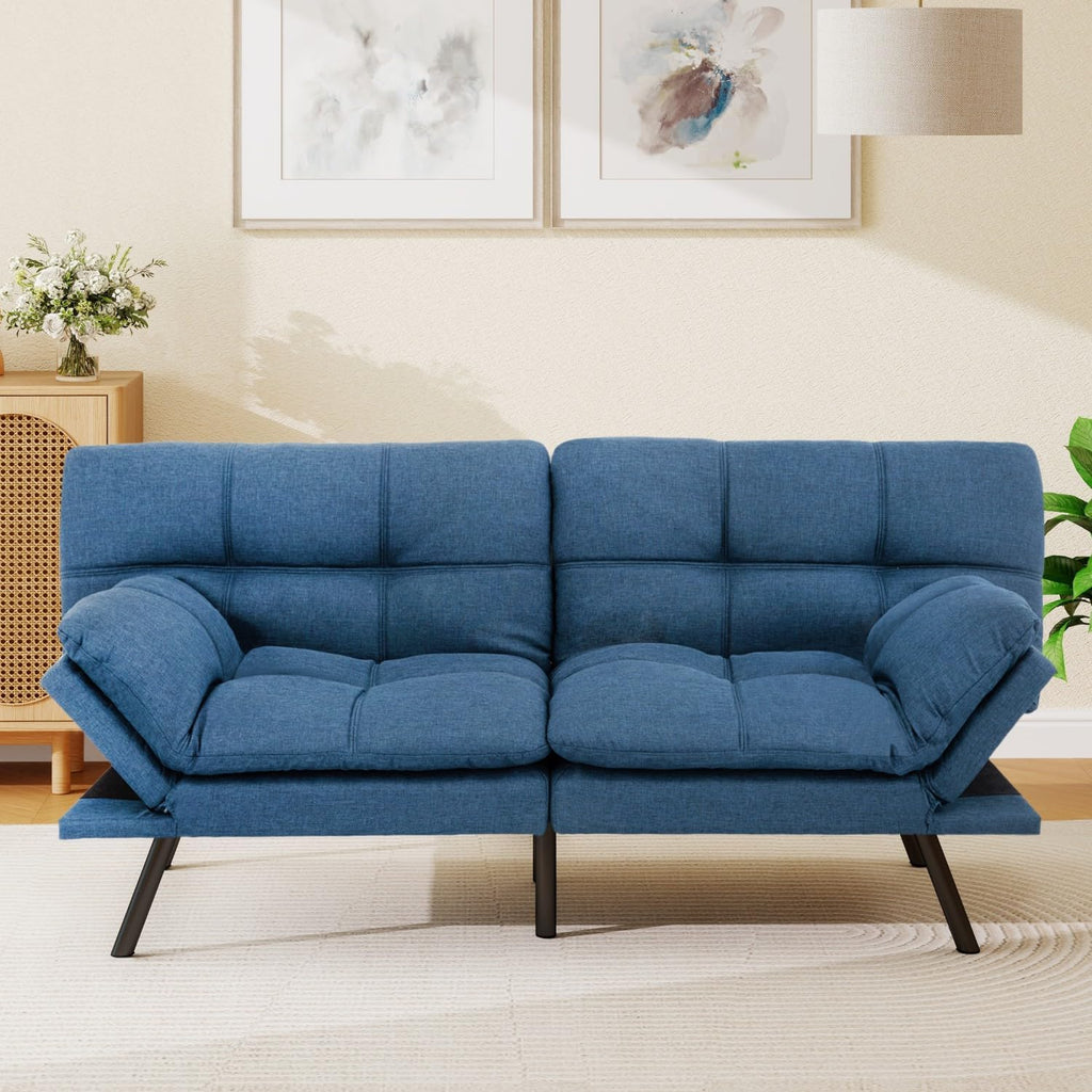 MUUEGM 71-Inch Futon Sofa Bed, Convertible Loveseat Sleeper | Modern Blue Linen Fabric | Adjustable Couch for Living Room & Small Spaces
