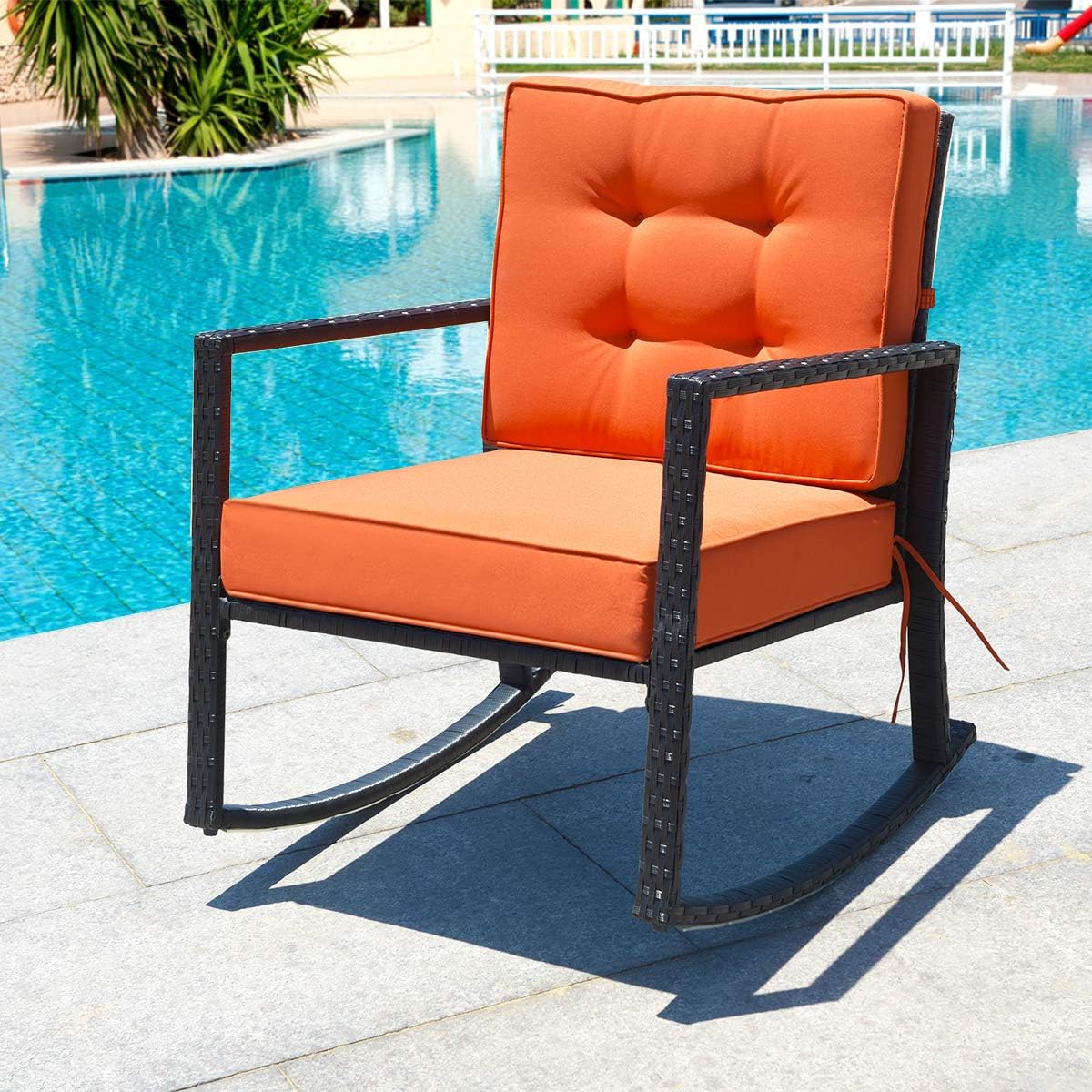 Tangkula Wicker Rocking Chair, Outdoor Rattan Rocker Chair with Heavy-Duty Steel Frame, Patio Furniture Seat with 5' Thick Cushion for Garden, Porch, Backyard, Poolside (1, Orange)