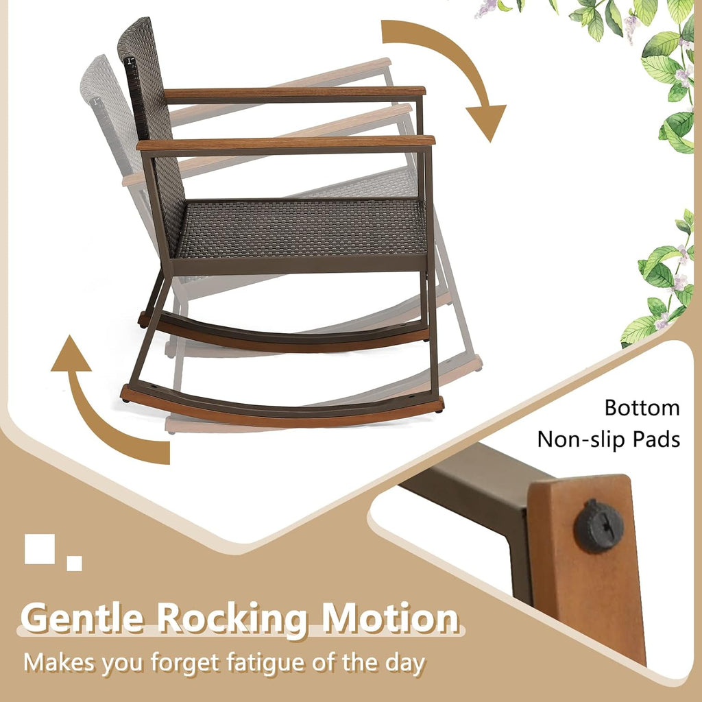 Outdoor Rocking Chair Set, 3 Pieces Patio Set Rocking Chair with Coffee Table & Cushions, Patio Wicker Furniture Set Outdoor Bistro Set for Balcony, Porch & Backyard (White)