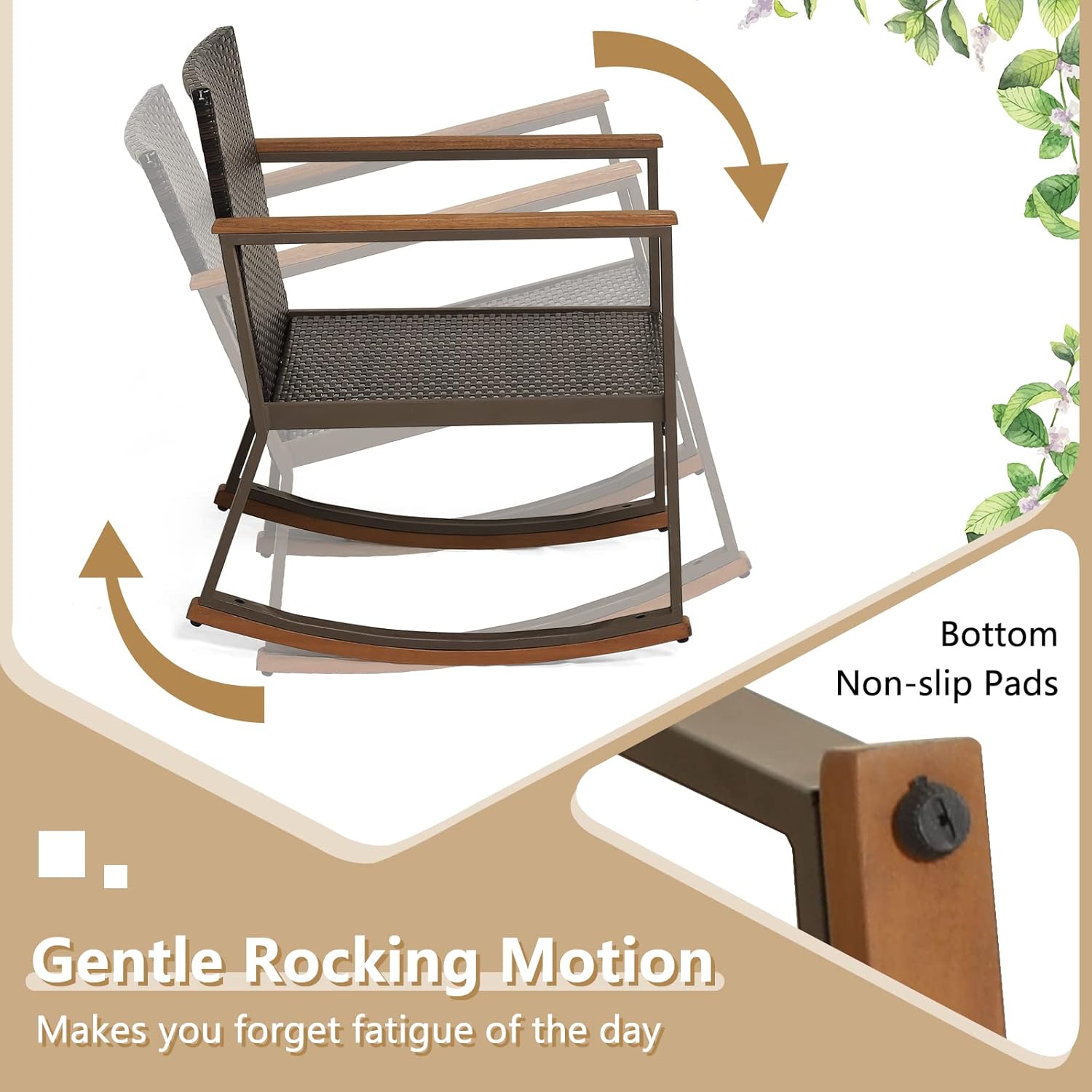 Outdoor Rocking Chair Set, 3 Pieces Patio Set Rocking Chair with Coffee Table & Cushions, Patio Wicker Furniture Set Outdoor Bistro Set for Balcony, Porch & Backyard (White)