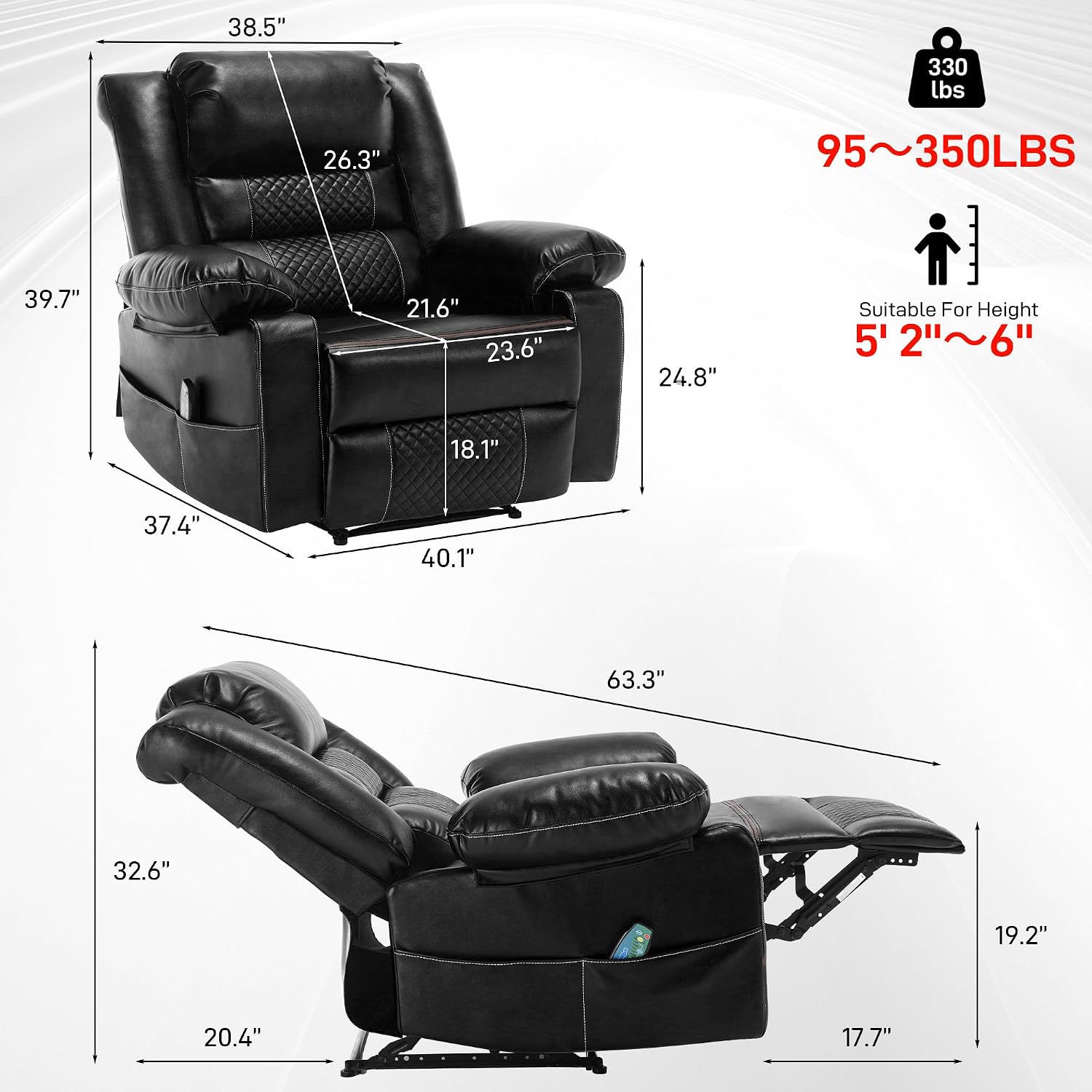 Massage Chair Recliner with Heat,Comfotable Lazy Boy Recliner Chair with 2 Side Pockets,Manual Recliners Chairs for Adults,Oversized Recliners Chairs for Big and Tall Man,Heavy Duty,PU Leather(Back)