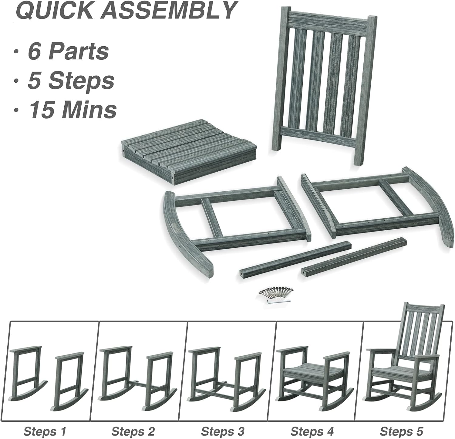 Rocking Chair Outdoor, HDPE Oversized Patio Rocking Chairs, Weather Resistant, 350lbs Heavy Duty Porch Rocker with High Back for Backyard, Fire Pit, Garden and Indoor (Grey)