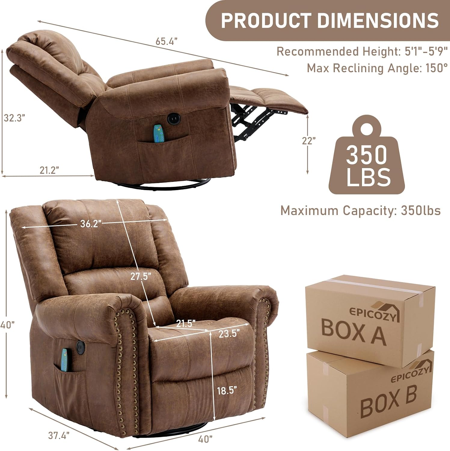 Manual Swivel Rocker Recliner with Heat and Vibration, 360° Swivel Glider Rocking Recliner, Ergonomic Lounge Massage Recliner Chairs with Side Pockets & USB Ports, Nut Brown