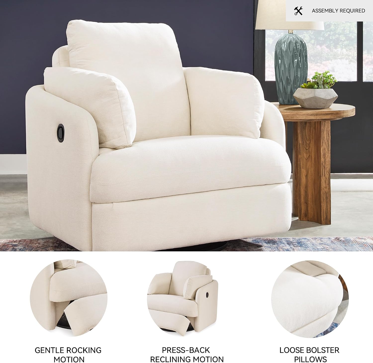 Signature Design by Ashley Modmax Coastal Press-Back Swivel Glider Rocker Recliner with Machine Washable Cover, Hidden Storage Compartments and 2 Bolster Pillows, Beige