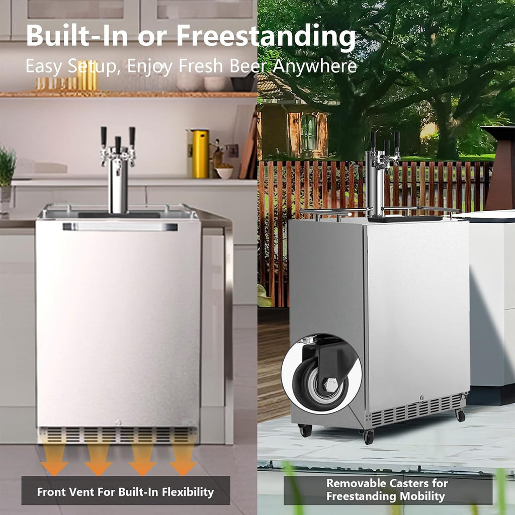 HCK Kegerator, 24 Inch Outdoor Kegerator for Patio with 3 Taps, Full Size Beer Dispenser and Beverage Refrigerator with Auto Defrost & Reversible Stainless Steel Door, Ideal for Home Bars