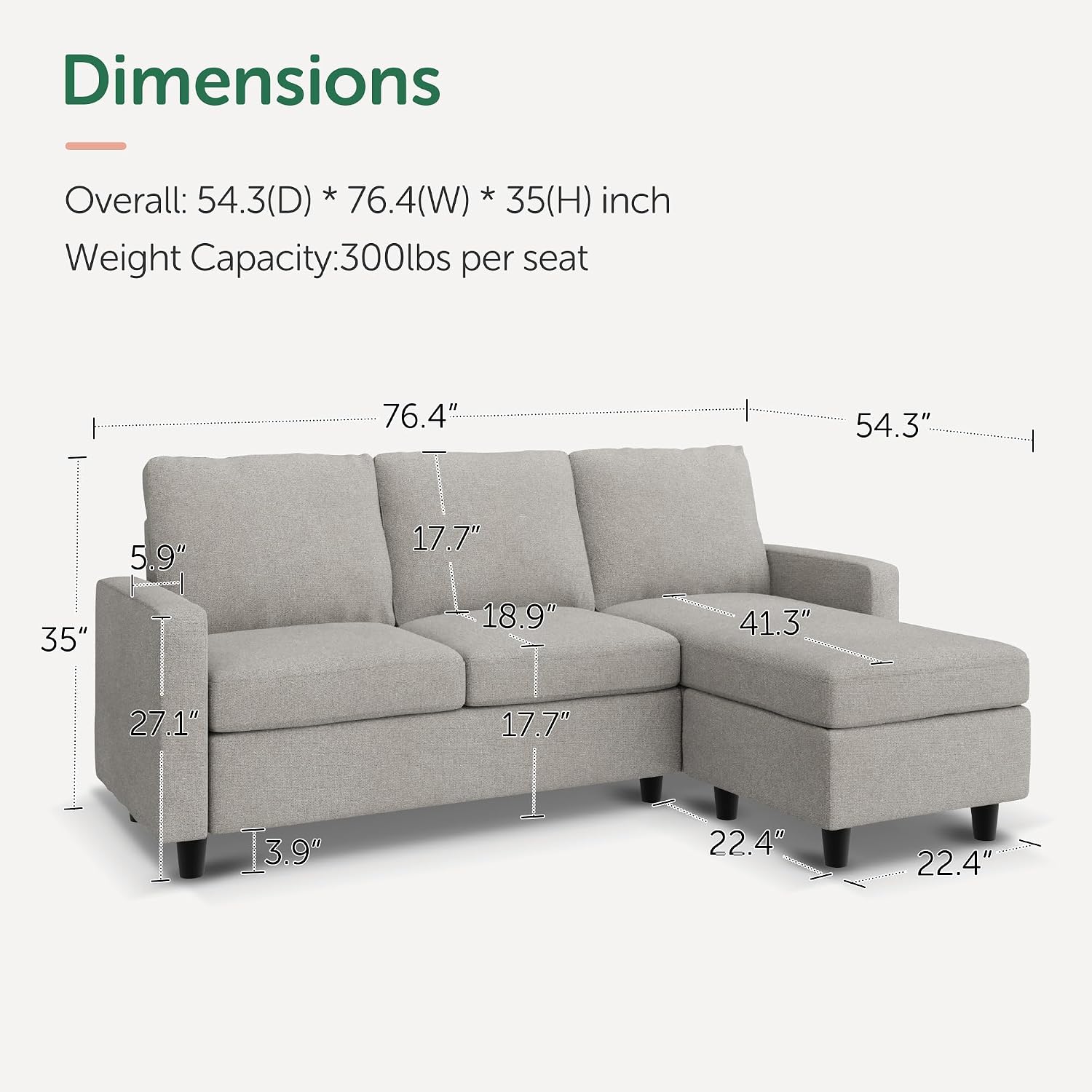 HONBAY Convertible Sectional Sofa, L Shaped Couch with Linen Fabric, Reversible Couch for Small Space, Mid Light Grey