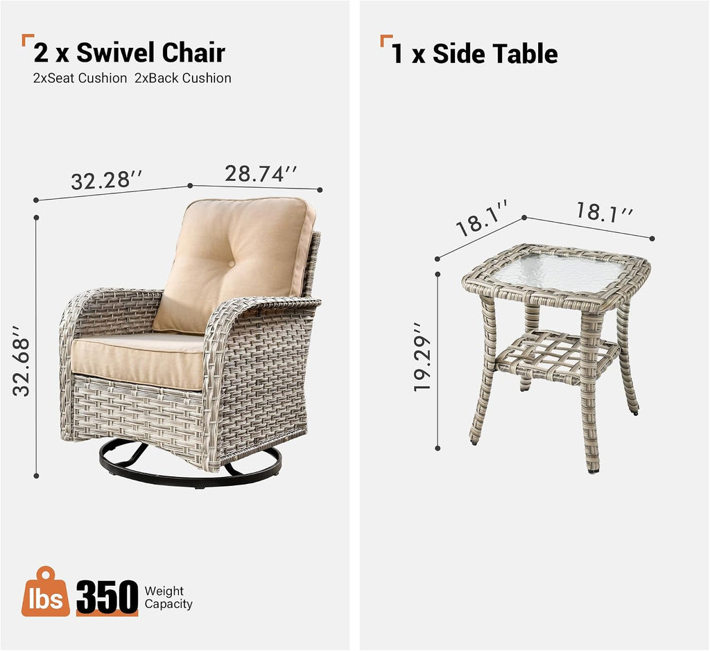 ovios Outdoor Swivel Rocking Chair Set of 3 with Coffee Table, Patio Wicker Rocker with Comfortable Thicken Deep Seating, Comfy Rattan Glider Chairs for Porch Deck Balcony Garden Backyard, Beige