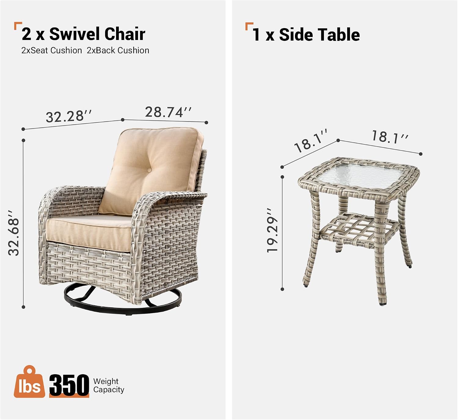 ovios Outdoor Swivel Rocking Chair Set of 3 with Coffee Table, Patio Wicker Rocker with Comfortable Thicken Deep Seating, Comfy Rattan Glider Chairs for Porch Deck Balcony Garden Backyard, Beige