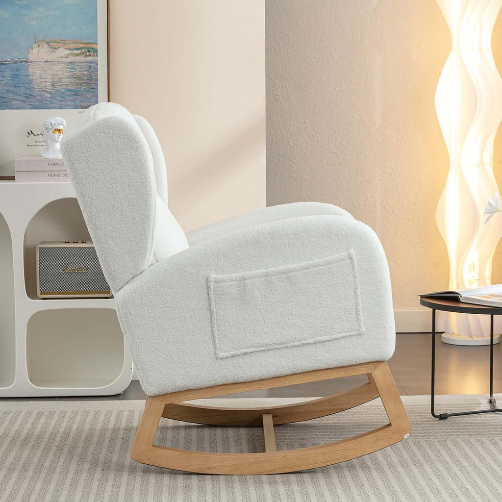 Antetek Rocking Glider Chair for Nursery, Wingback Teddy Upholstered Rocker Chair with High Backrest, Modern Indoor Accent Reading Arm Chair for Living Room, Hotel, Bedroom, Baby Room, Ivory