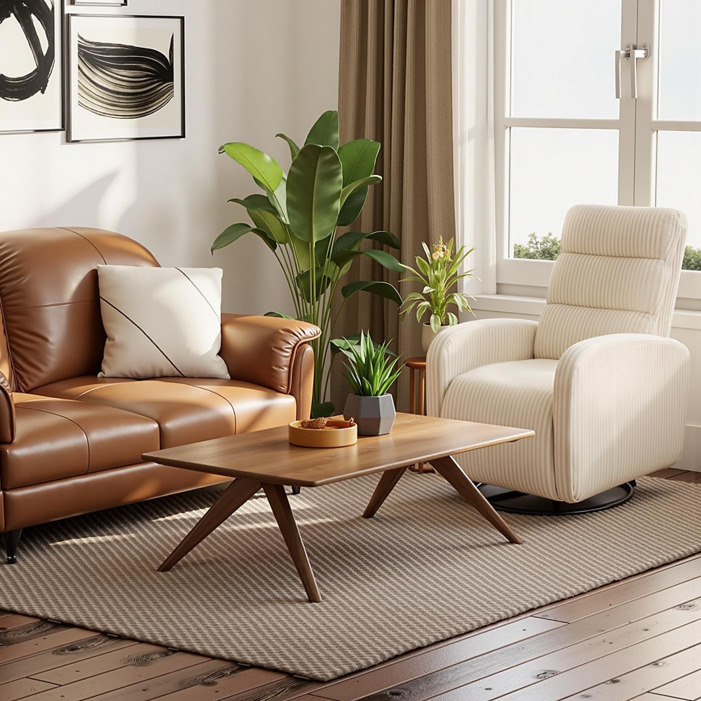 Swivel Rocker Chair, 360°Swivel Rocker Chairs with High Back Arms, Rocking Lazy Boy Chairs, Upholstered Swivels Corduroy Glider for Living Room, Bedroom, Nursing, Beige