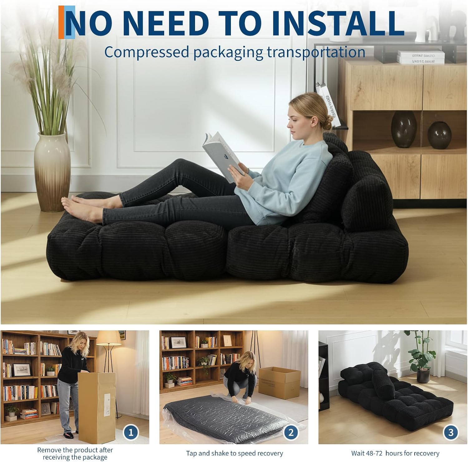 Garvee Folding Sofa Bed, Convertible Sleeper Chair with Pillow Foldable Mattress with Back Support, Boneless Fold Out Chair Bed Comfy Floor Sofa Lounge for Living Room, Bedroom, Black, Single