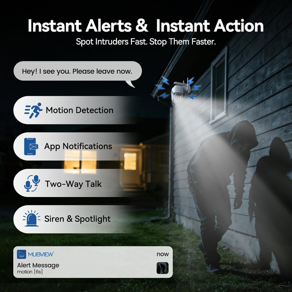 MUBVIEW 24/7 Continuous Recording Wireless Outdoor Security Camera, 2.4G WiFi, 2K Solar Powered, 360° PTZ, Auto Tracking, SD Included, Optional Cloud Storage, AI Detection, Night Vision(White,2 Packs)