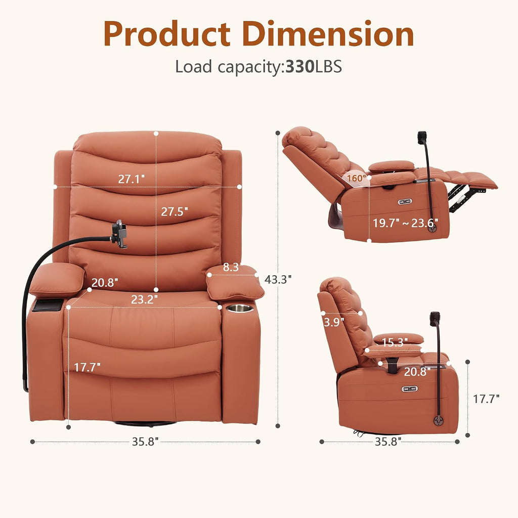 Holaki Rocking Chair Nursery, Oversized Glider Recliner Nursery Chair Swivel Reading Chair with Heated Lumbar Support Smart Cup Holder and Fast-Charging Phone Mount for Breastfeeding(Orange)