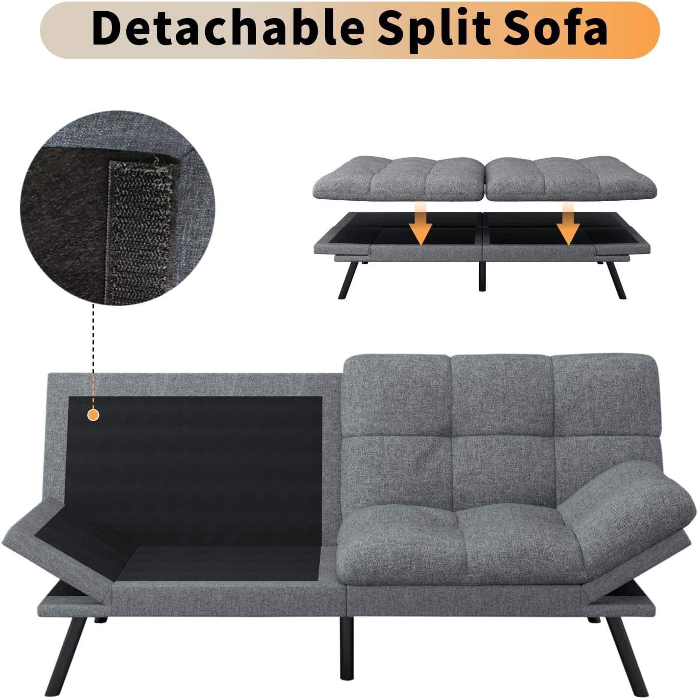 MUUEGM 71' Futon Sofa Bed, Cozy Convertible Loveseat Sleeper, Linen Fabric Couch with Adjustable Back & Arms for Living Room, Guest Room - Ash Gray