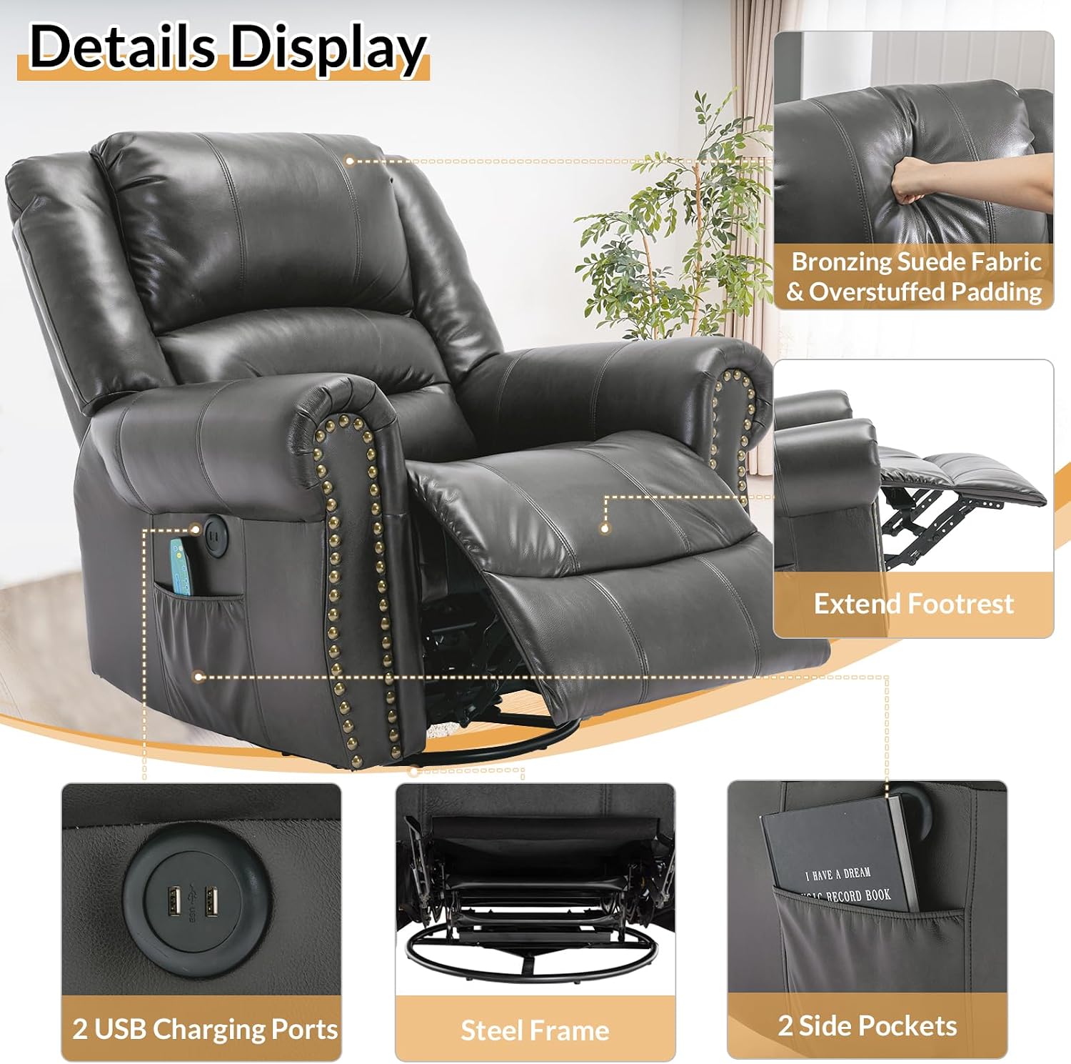 Manual Massage Recliner with Heating Function, 360° Swivel Glider Rocking Recliner Chair for Living Room, Ergonomic Single Sofa Chair with Remote Control/USB Ports/Side Pockets(Gray)