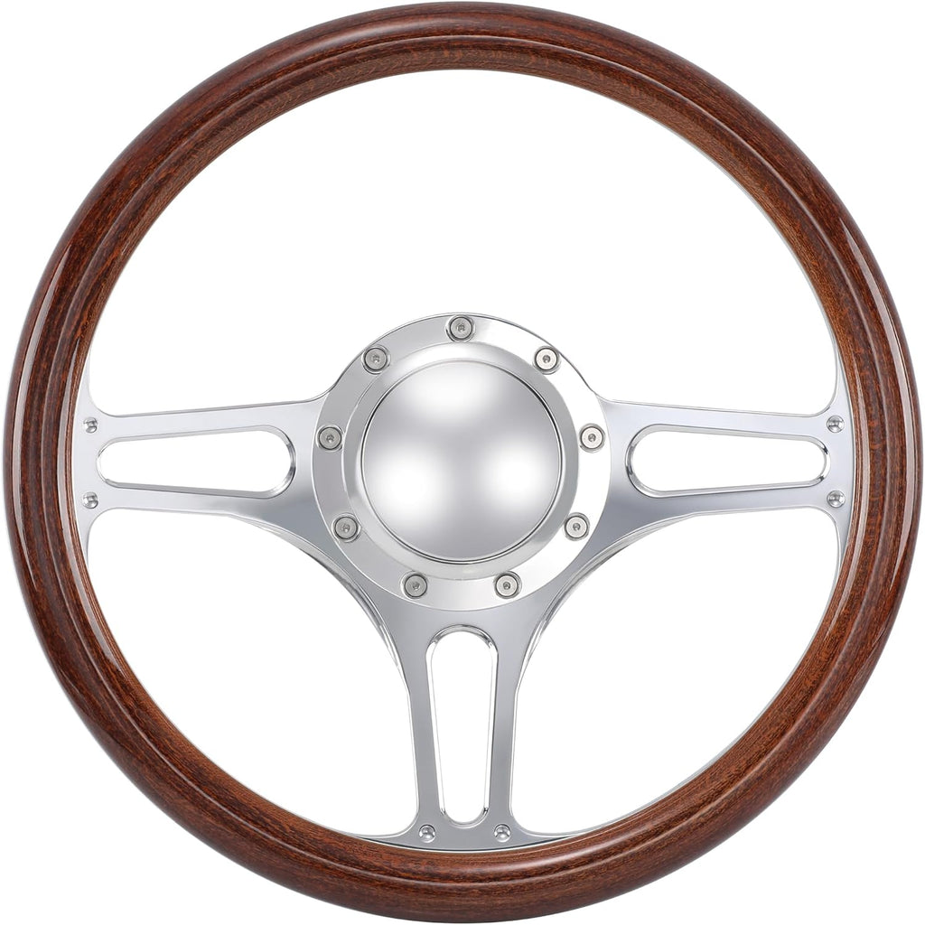 14'' Billet Half Wrap 9 Bolts Steering Wheel with 2'' Dish and Horn Button (Walnut Wood)