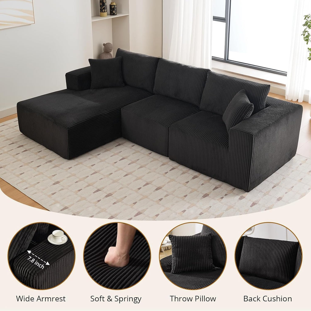 Garvee Boneless Cloud Couch 108' Sectional Modern Comfy l-Shape Convertible Compression Sleeper Modular Sofa with Corduroy Fabric Deep Seat Loveseat + Chaise for Living Room No Assembly Required