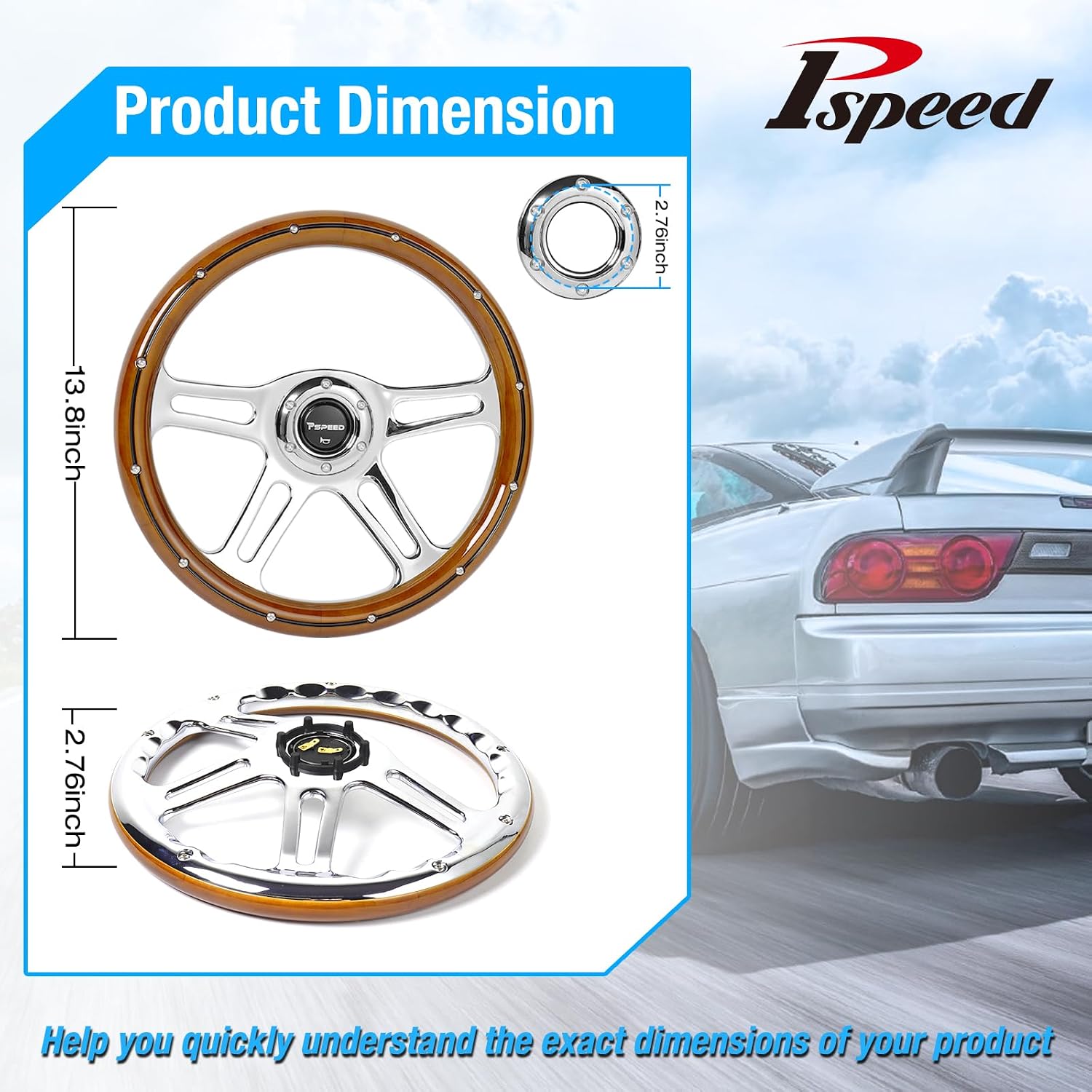 14 inch Mahogany Solid Wood Steering Wheel 6 Bolt 4 Spoke Chrome Aluminum | Vintage Real Wood Grain Steering Wheel with Horn Button for Vintage Car for Racing for Classic Car boat steering wheel
