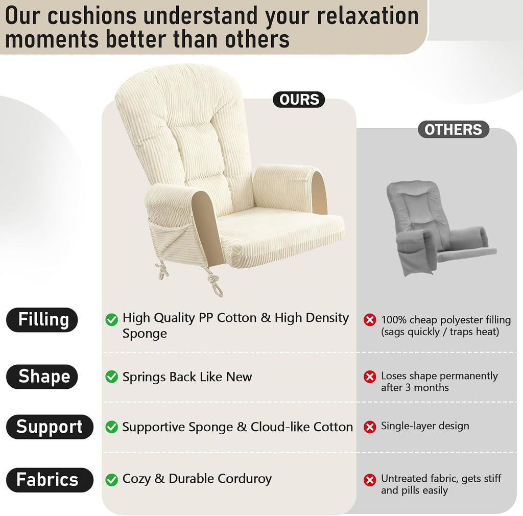 5PCS Glider Rocker Replacement Cushions with Storage Side Pockets, Thickened 3.5IN Seat & Supportive Striped Plush Rocking Chair Cushion Set with Ottoman Cover for Indoor Nursery, Beige