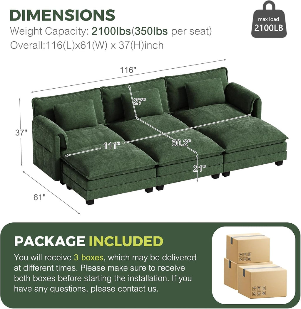 ELUCHANG 116' Luxury Modular Sectional Sofa, Comfy Deep Seat Cloud Couch, Sleeper Sofa Bed, 6 Seat Modern Couch with Removable Cover for Living Room, Apartment, DIY Combination, Chenille Green