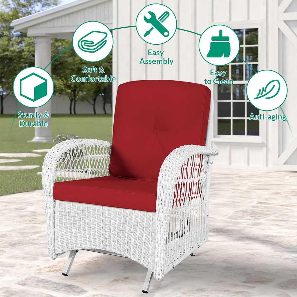 VIVIJASON 2-Piece Outdoor White Wicker Glider Rocking Chair, Patio Rattan Swing Glider Chairs with Cushions & Steel Frame, All-Weather Gliding Lawn Wicker Furniture for Garden Backyard, Red