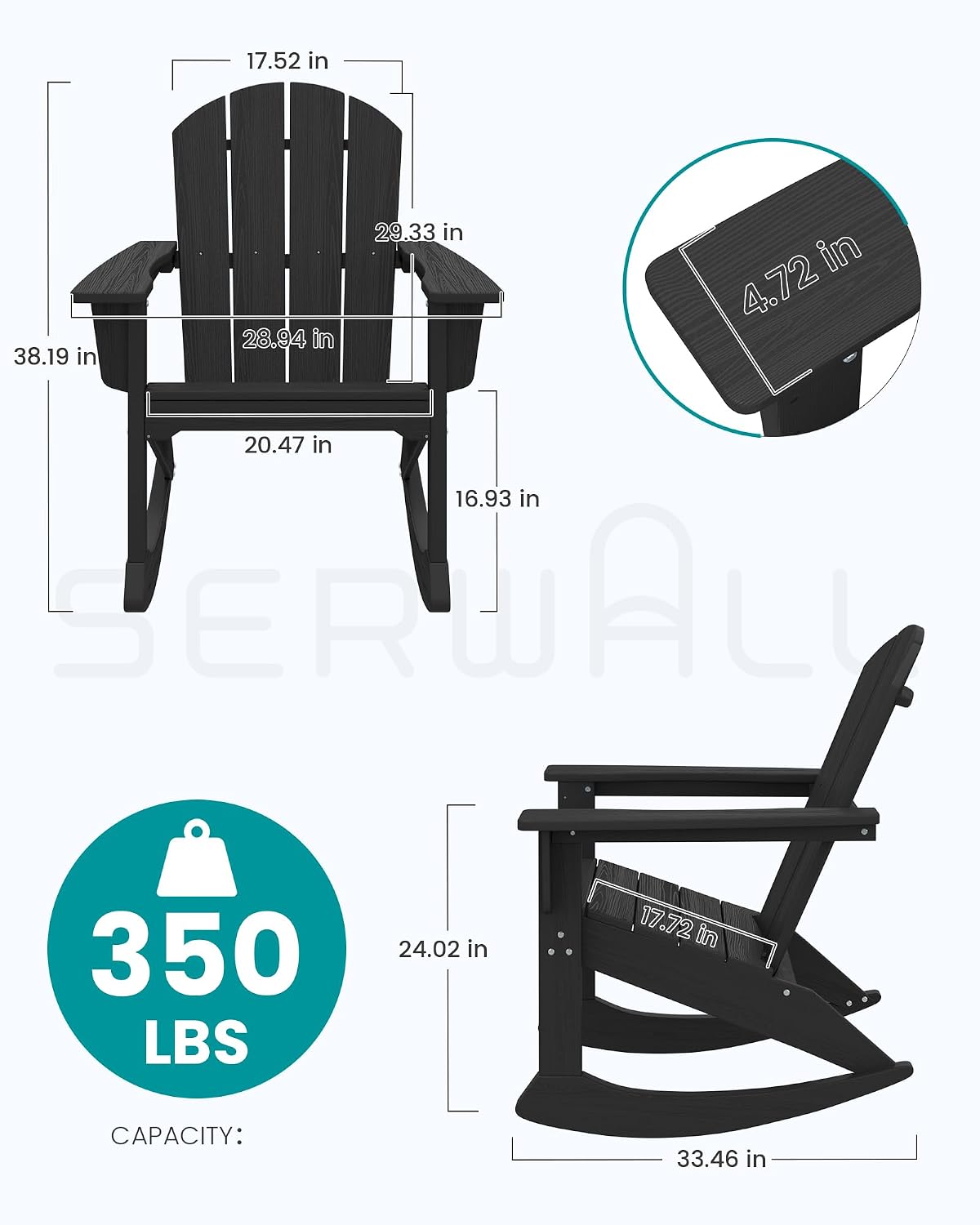 SERWALL Outdoor Adirondack Rocking Chairs Set of 4, All-Weather HDPE Adirondack Rocker Chair, Front Porch Rocker Chairs for Patio Lawn Porch Deck, Black