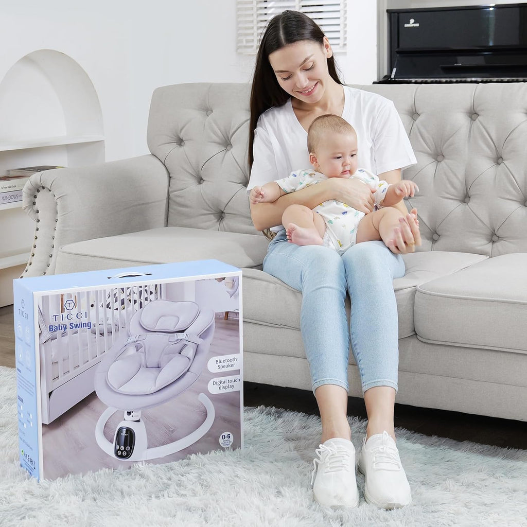 T TICCI Baby Swings for Infants, 5 Speed Bluetooth Baby Bouncer, Motorized Bluetooth Swing, Built-in 3 Timer Settings, Music Speaker, Remote Control, 0-6 Months, Grey