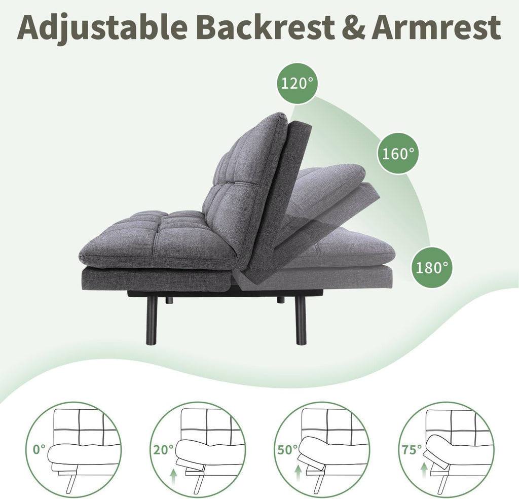 MUUEGM 71-Inch Futon Sofa Bed, Convertible Loveseat Sleeper | Elegant Dark Gray Linen | Adjustable Couch for Office, Apartment & Guests