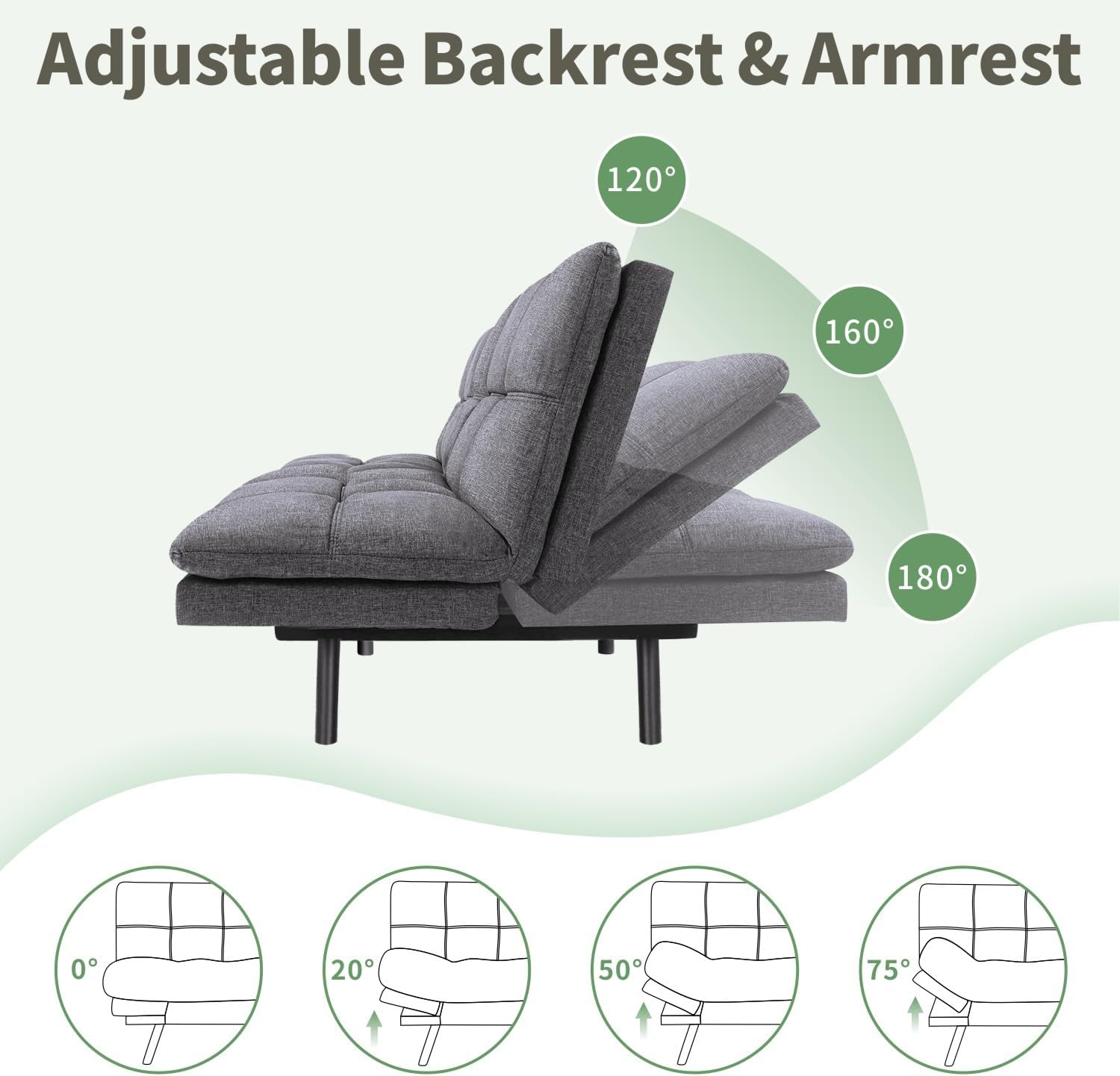 MUUEGM 71-Inch Futon Sofa Bed, Convertible Loveseat Sleeper | Elegant Dark Gray Linen | Adjustable Couch for Office, Apartment & Guests