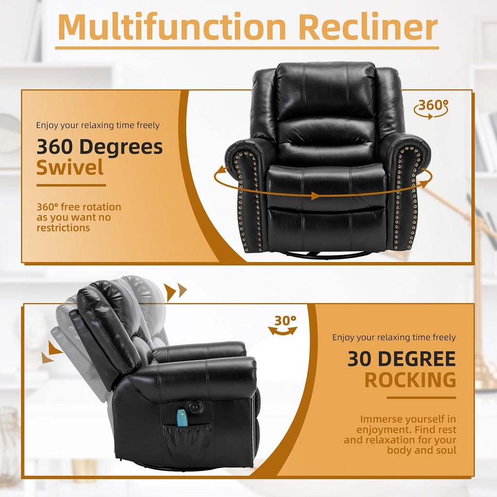 Manual Massage Recliner with Heating Function, 360° Swivel Glider Rocking Recliner Chair for Living Room, Ergonomic Single Sofa Chair with Remote Control/USB Ports/Side Pockets(Black)