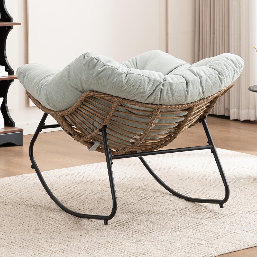 Outdoor Papasan Chair, Oversized Rocking Chair with Cushion and Metal Frame, Patio Lounge Rocking Chair for Balcony Backyard Porch Bedroom Living Room (Light Blue)