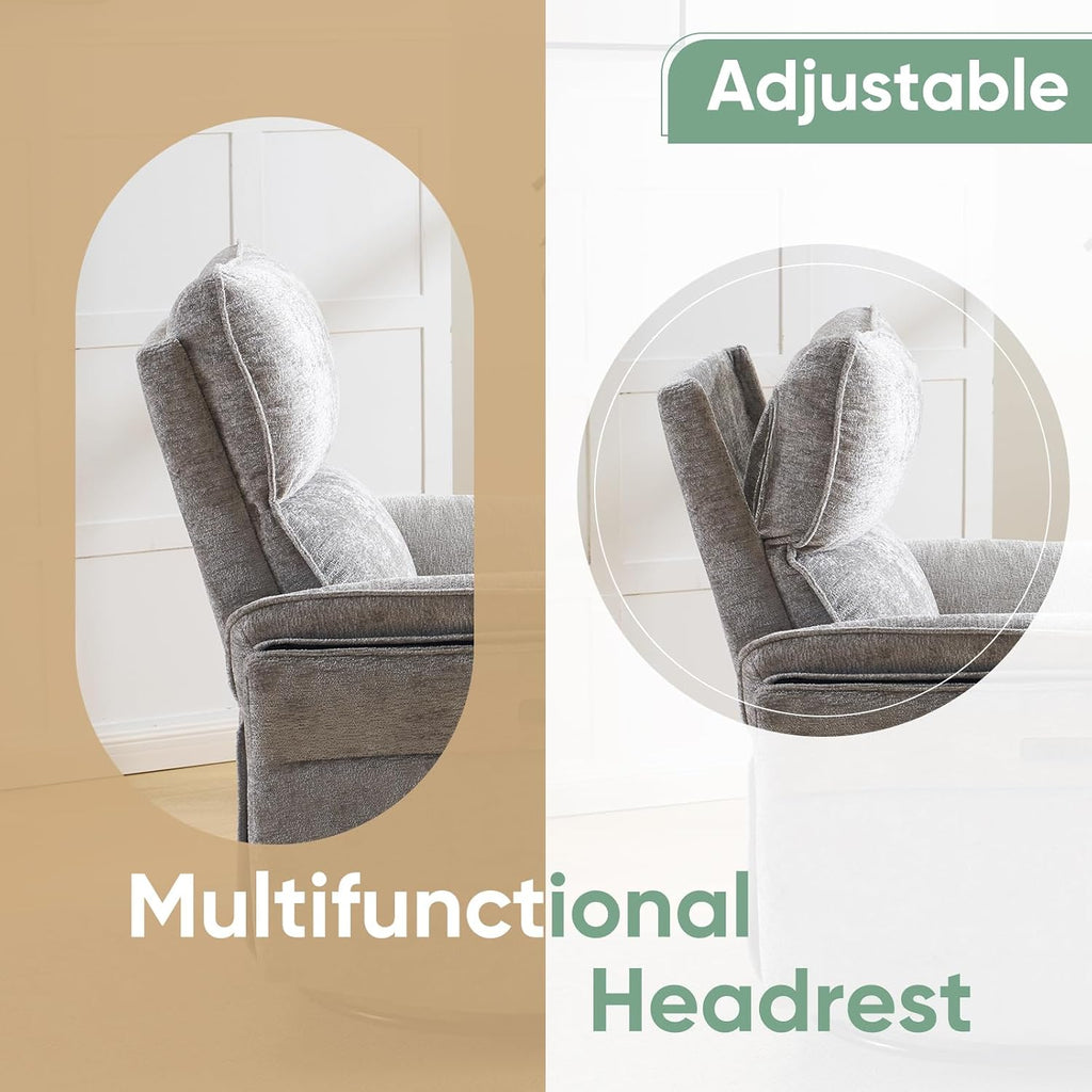 Oversized Rocking Chair Nursery with Massage and Heat, Glider Recliner Nursery Chair with Adjustable Headrest, Power Swivel Rocker Recliner Chair with USB Port, Light Grey