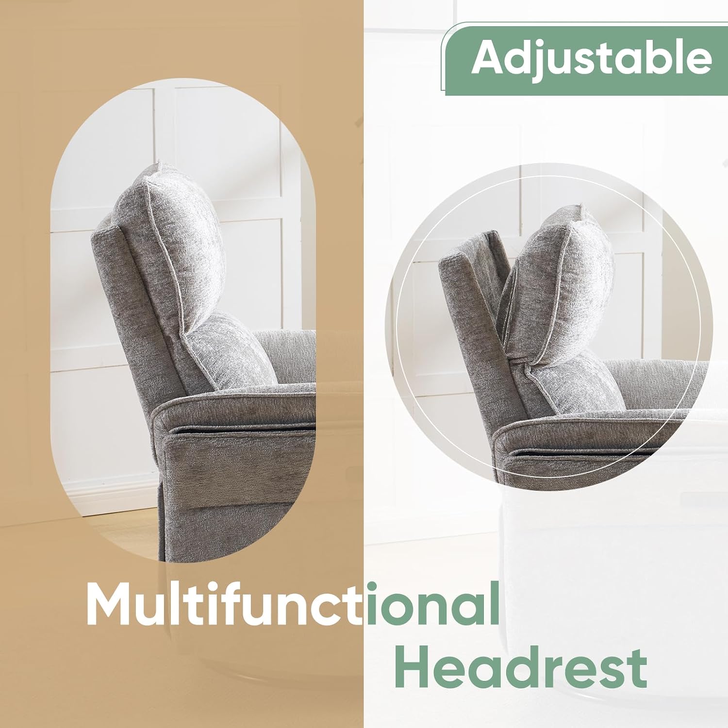 Oversized Rocking Chair Nursery with Massage and Heat, Glider Recliner Nursery Chair with Adjustable Headrest, Power Swivel Rocker Recliner Chair with USB Port, Light Grey