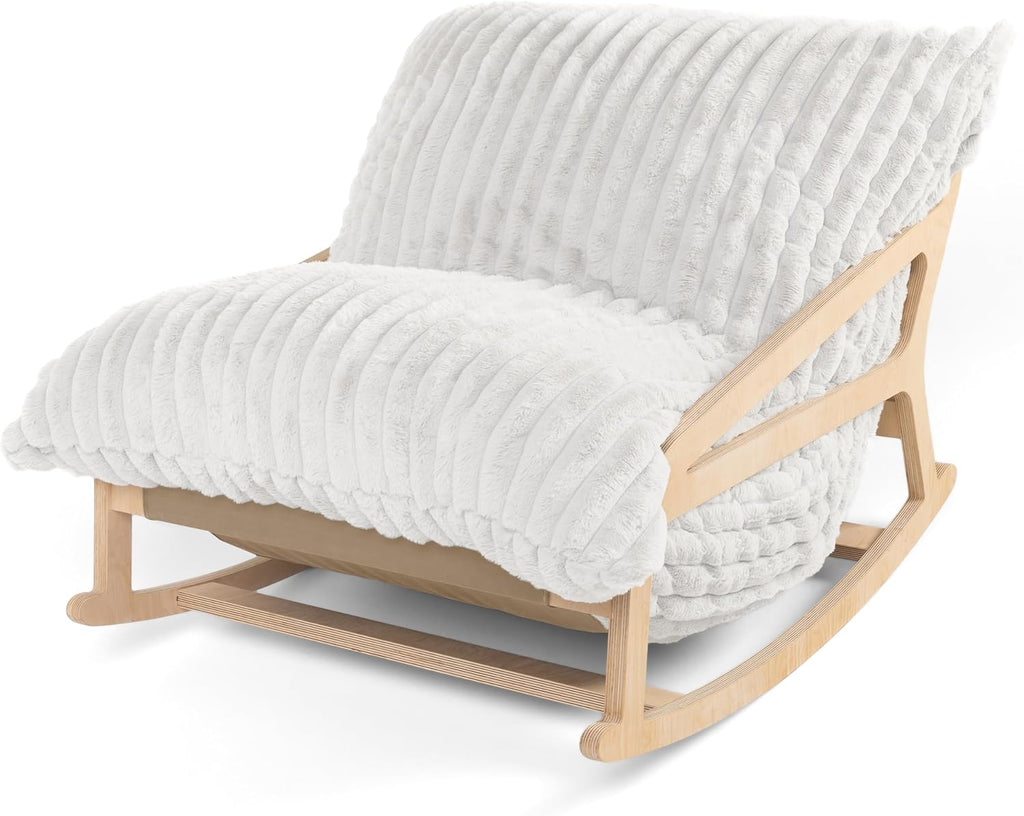 Pillow Saxx Bean Bag Rocking Chair - Elegant Oversized Rocker with Modern Wood Frame, Mondo Fur Ivory