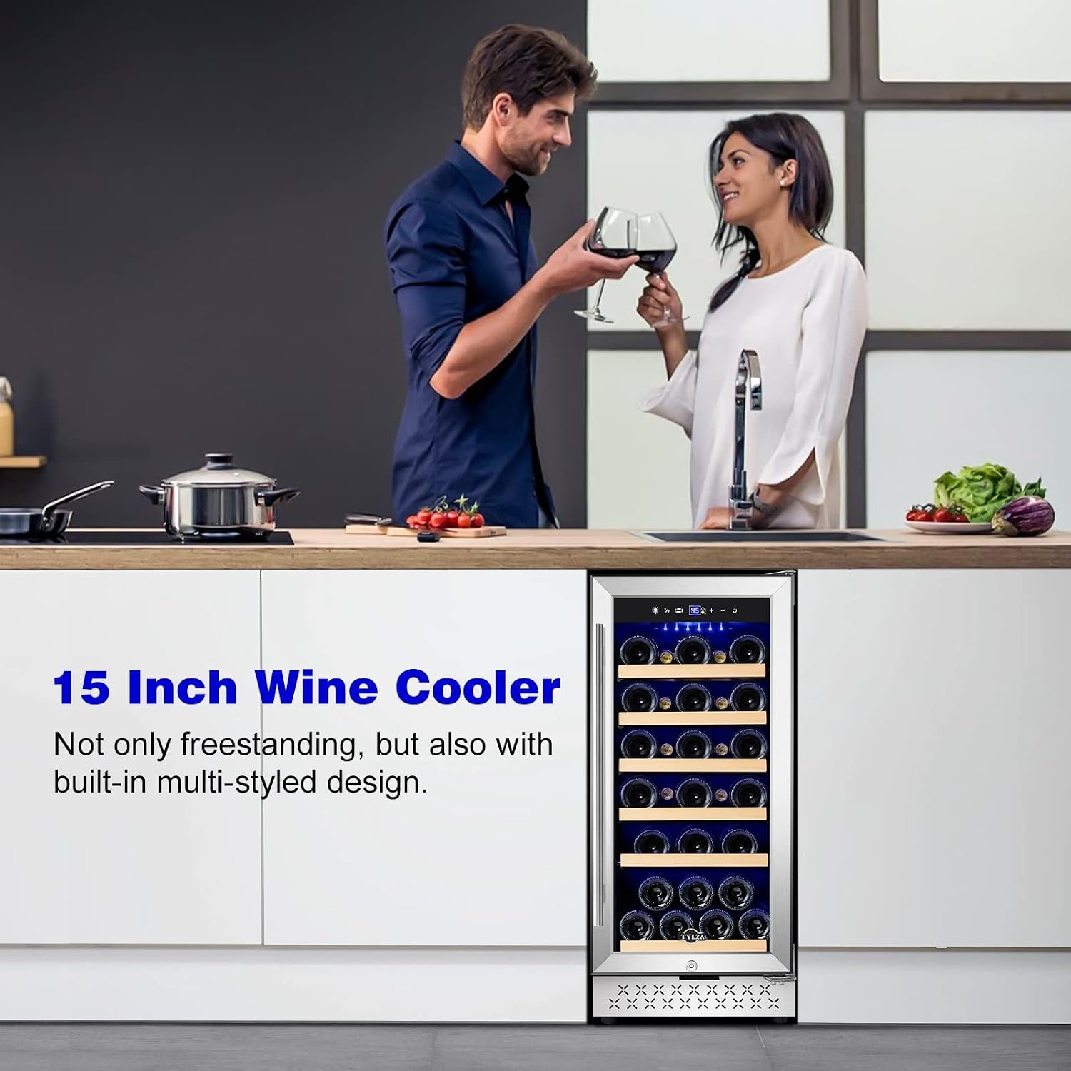 Tylza Wine Fridge 15'', 30 Bottles Wine Cooler Refrigerator, Undercounter or Freestanding, Removable Shelves, 40-65°F, Wine Cabinet with Double Glass Door, Wine Cooler for Home, Kitchen, Bar