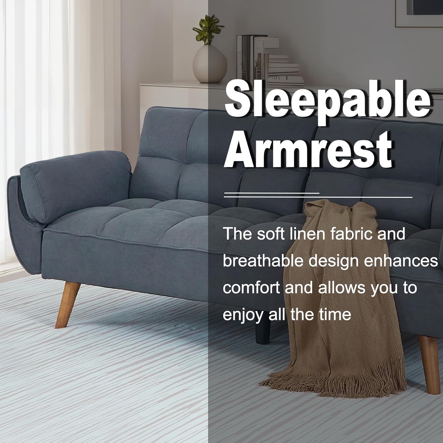 Convertible Futon Sofa Bed, Sleeper Sofa Bed with Adjustable Backrests, Linen Loveseat Sofa Small Couches for Small Spaces, Living Room, Bedroom (Dark Gray)
