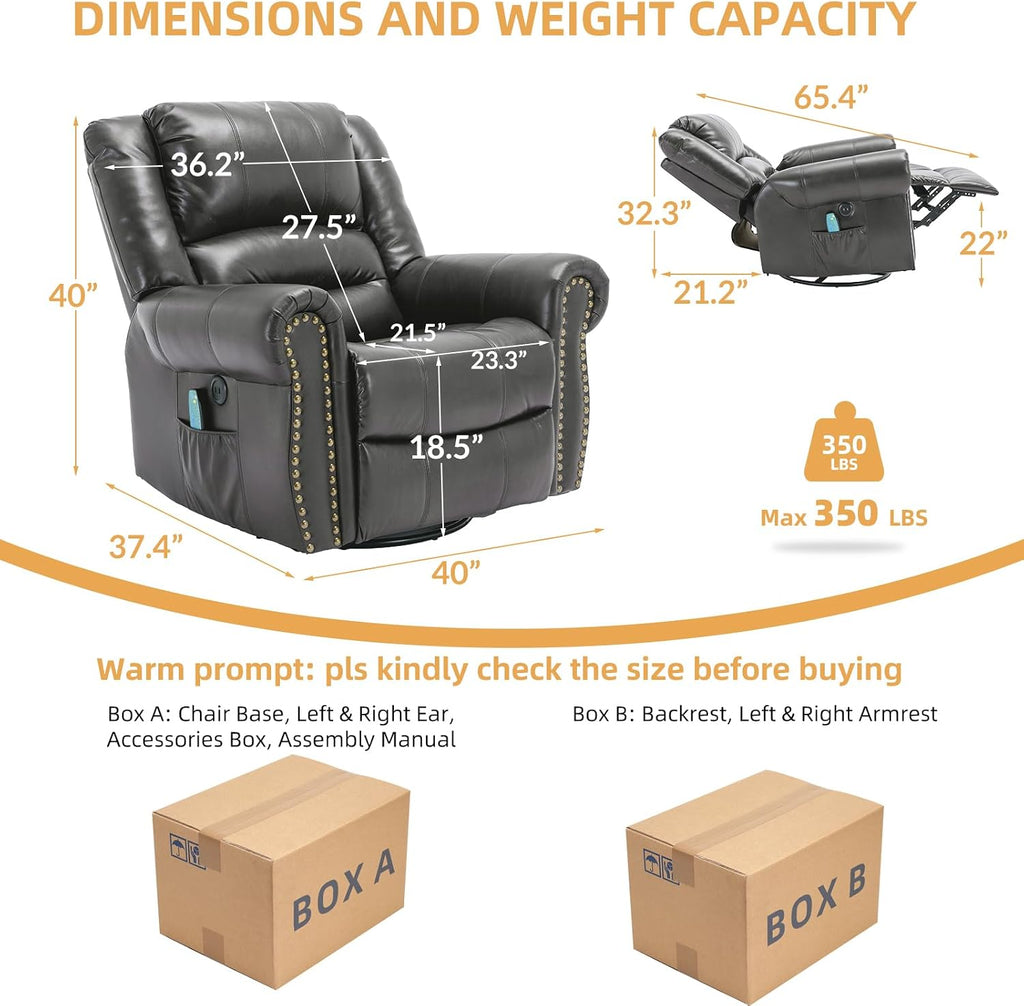 Manual Massage Recliner with Heating Function, 360° Swivel Glider Rocking Recliner Chair for Living Room, Ergonomic Single Sofa Chair with Remote Control/USB Ports/Side Pockets(Gray)