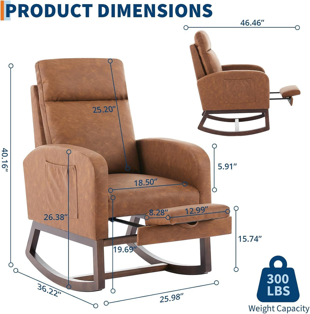 Rocking Nursery Chair for Mom Nursery,PU Rocking Chairs with Foot Rest,High Backrest& Wood Legs and Side Pocket for Living Room,Bedroom,Recliner Armchair,Brown