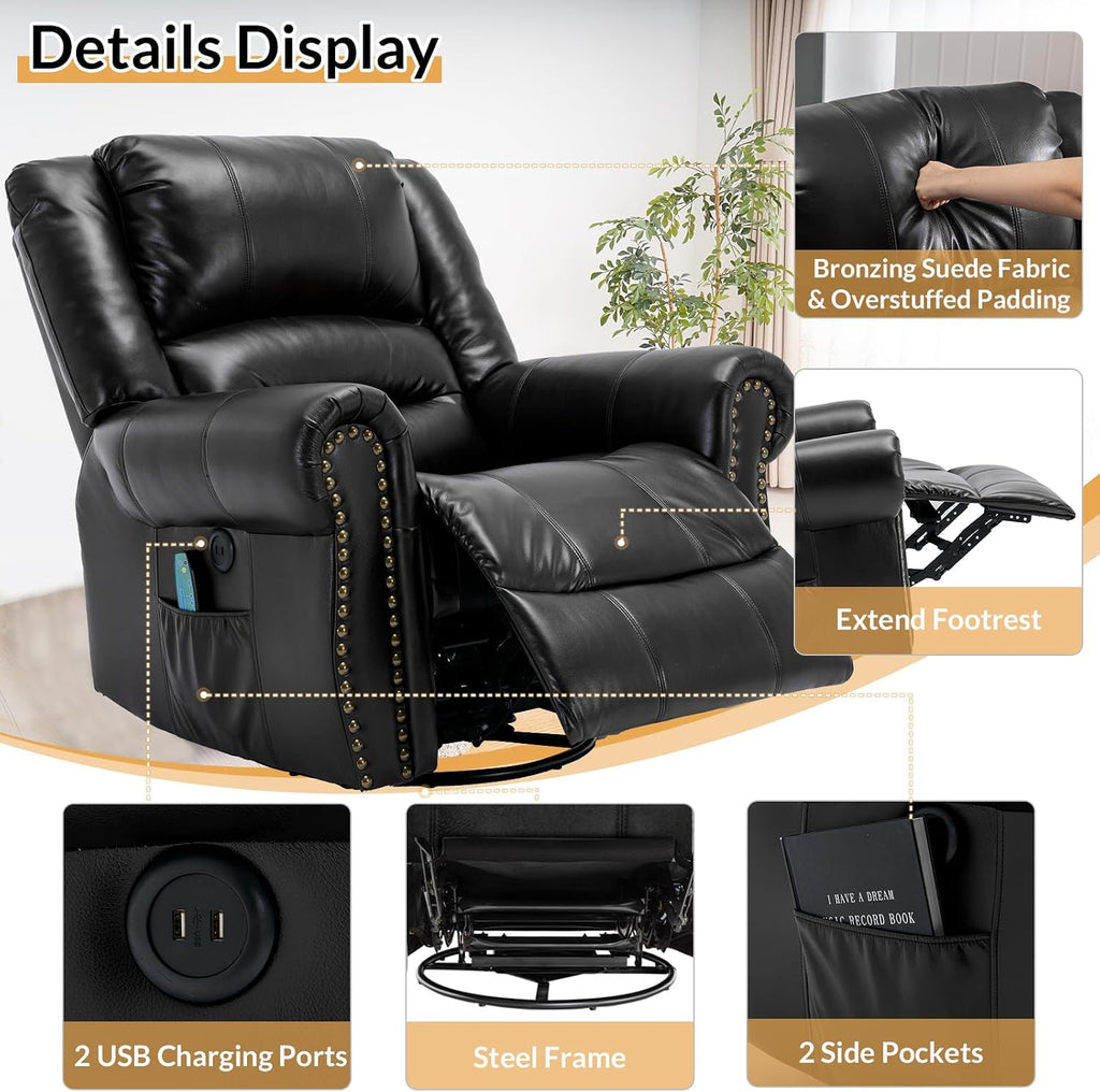 Manual Massage Recliner with Heating Function, 360° Swivel Glider Rocking Recliner Chair for Living Room, Ergonomic Single Sofa Chair with Remote Control/USB Ports/Side Pockets(Black)