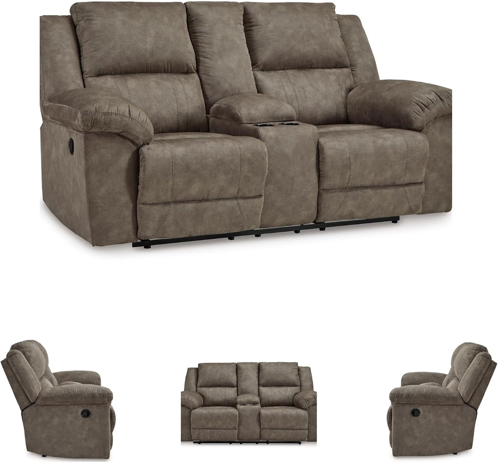 Signature Design by Ashley Laresview Contemporary Faux Leather Manual Double Reclining Loveseat with Console, Storage and Cup Holders, Gray